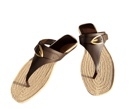 sandales-tongs-marron-semelle-tressee-boucle-doree